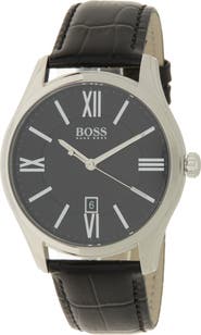 BOSS Ambassador Croc Embossed Leather Strap Watch, 43mm