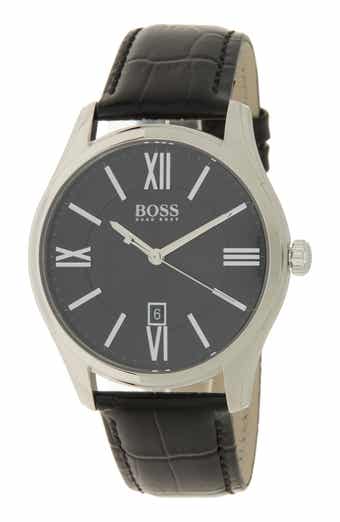 BOSS Ambassador Croc Embossed Leather Strap Watch, 43mm