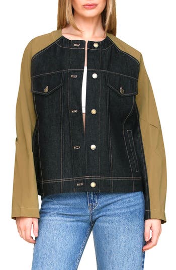 Avec Les Filles Mixed Media Denim Bomber Jacket In Indigo Olive