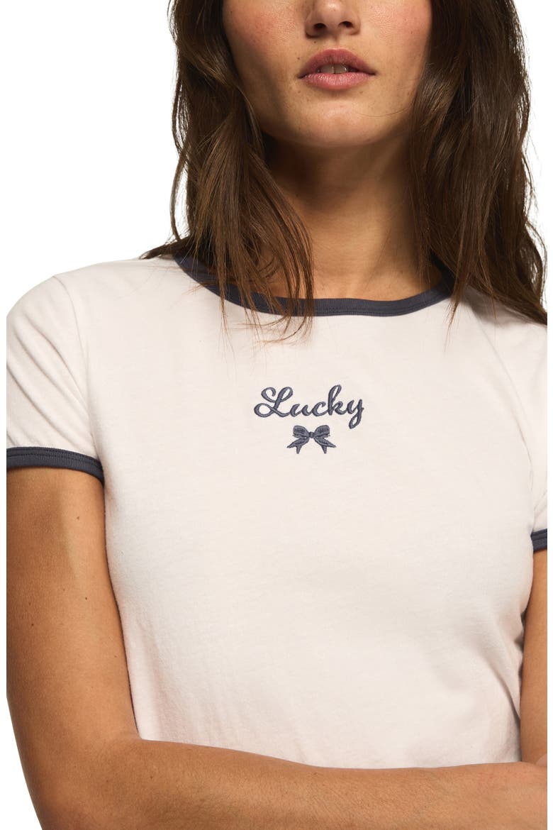 Lucky Embroidered Bow Crop Ringer T-Shirt, Alternate, color, BRIGHT WHITE