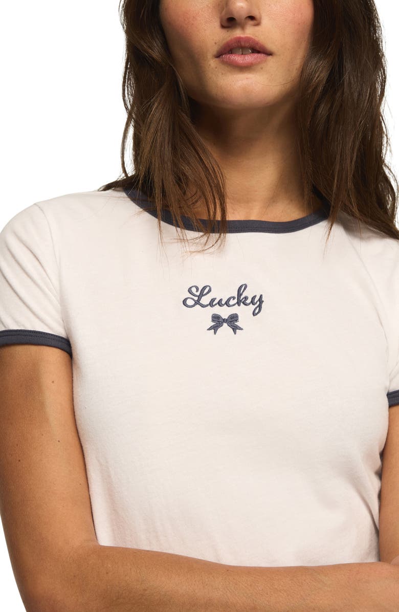 Lucky Brand Lucky Embroidered Bow Crop Ringer T-Shirt, Alternate, color, Bright White