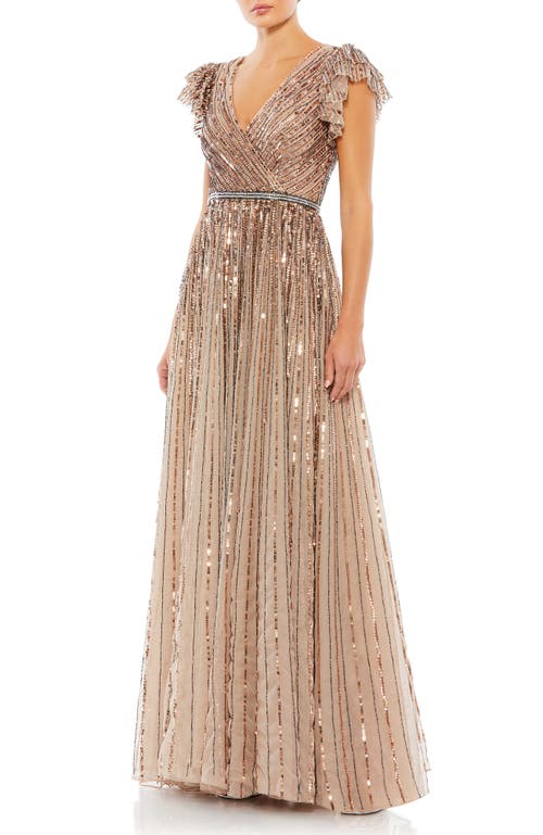 Mac Duggal Sequined Wrap Over Ruffled Cap Sleeve Gown In Copper