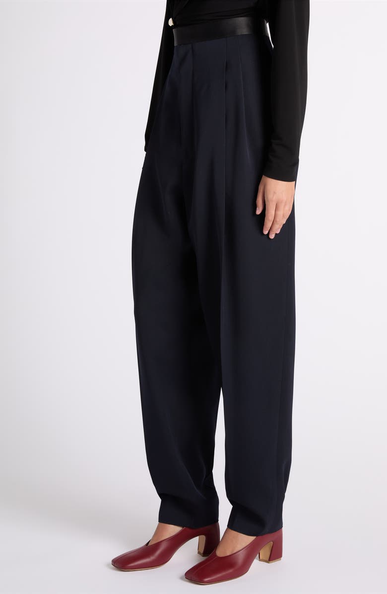 Bottega Veneta Satin Trim High Waist Wool Straight Leg Pants, Alternate, color, 4071 Midnight Blue