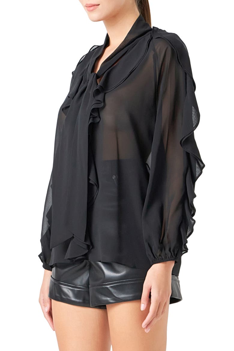 Sheer Chiffon Ruffle Shirt, Alternate, color, BLACK