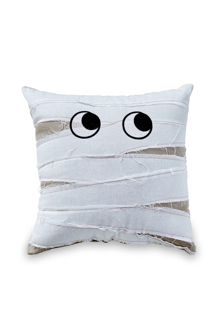 Halloween Mummy Embroidered Pillow White Multi 12x12x3 in Cotton Cover, Main, color, white
