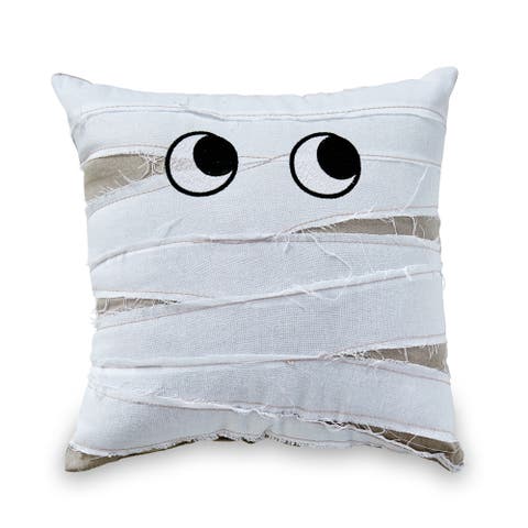 Halloween Mummy Embroidered Pillow White Multi 12x12x3 in Cotton Cover