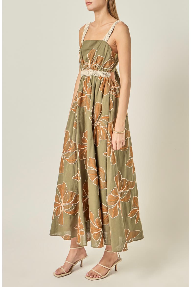 Embroidered Floral Waist Cutout Cotton Maxi Dress, Alternate, color, OLIVE/ CREAM