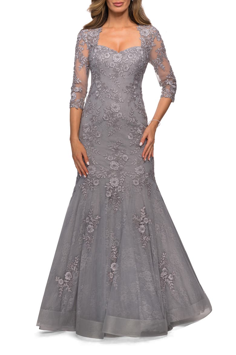 Long Lace Mermaid Gown with Square Neckline, Main, color, Silver