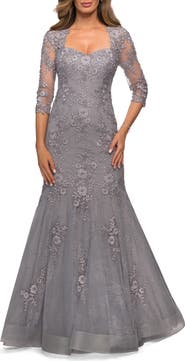 La Femme Long Lace Mermaid Gown with Square Neckline