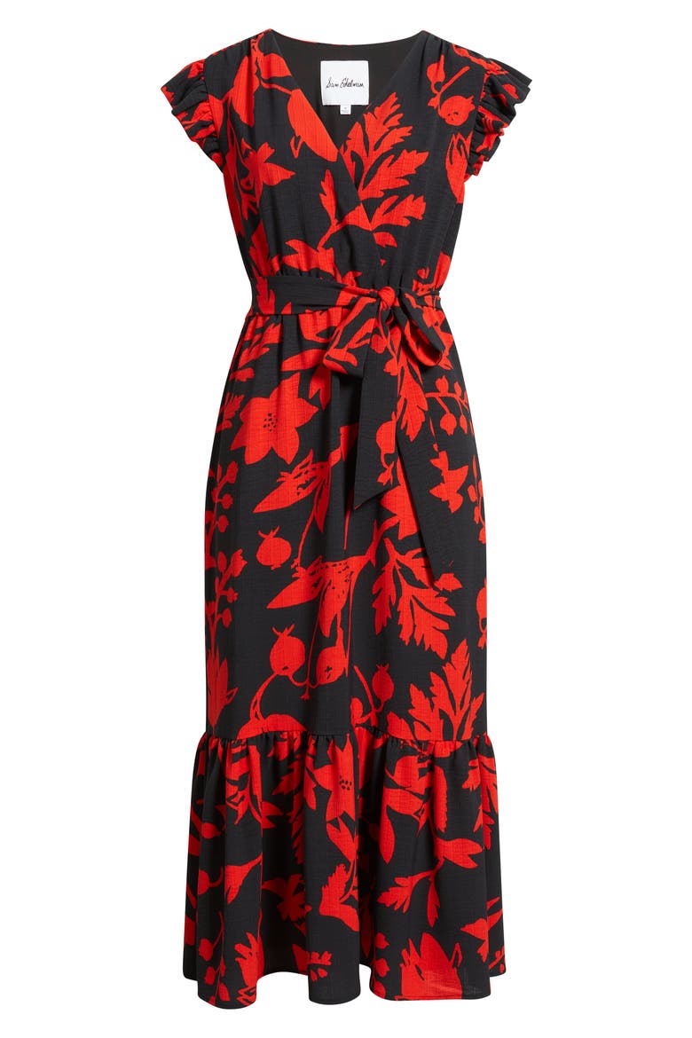 Floral Print Flutter Sleeve Tie Waist Maxi Dress, Alternate, color, BLACK/ RED