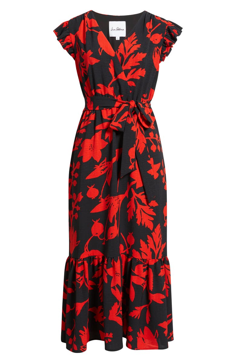 Sam Edelman Floral Print Flutter Sleeve Tie Waist Maxi Dress, Alternate, color, Black/ Red