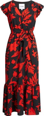 Sam Edelman Floral Print Flutter Sleeve Tie Waist Maxi Dress