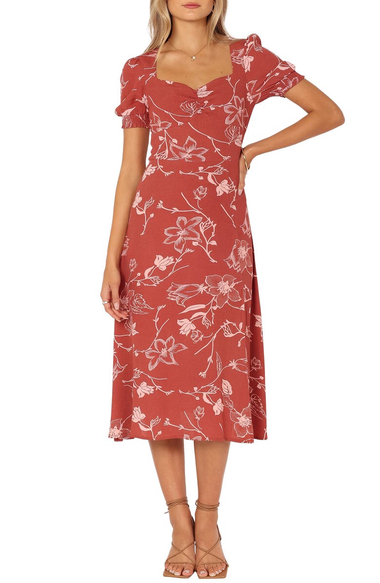 Petal & Pup Franklin Floral Puff Sleeve Midi Dress, Main, color, Rust Floral