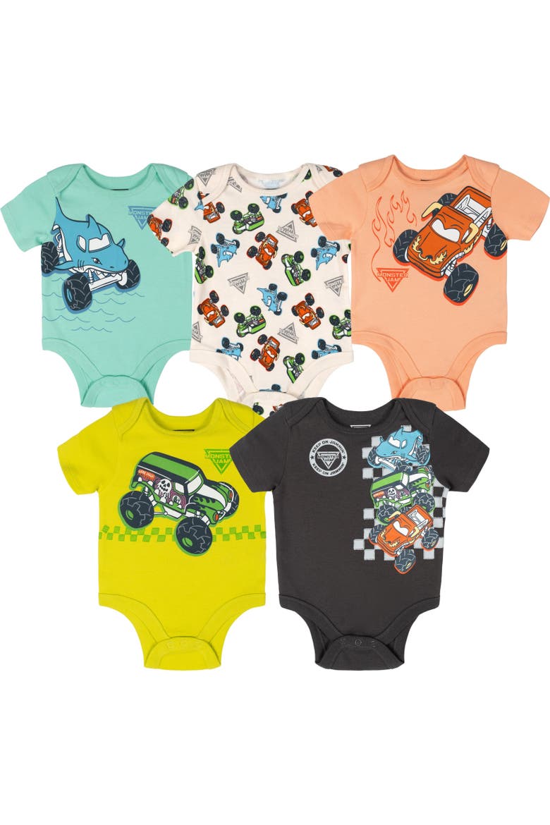 5-Pack Short Sleeve Bodysuits, Main, color, Monster Jam Multi