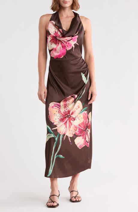 Floral Halter Neck Satin Maxi Dress