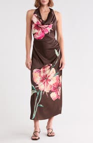 BADGLEY MISCHKA Floral Halter Neck Satin Maxi Dress