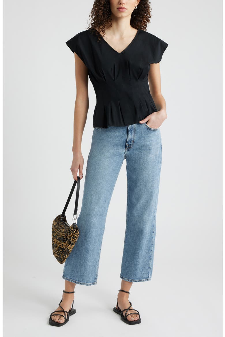 Pleated V-Neck Poplin Top, Alternate, color, BLACK