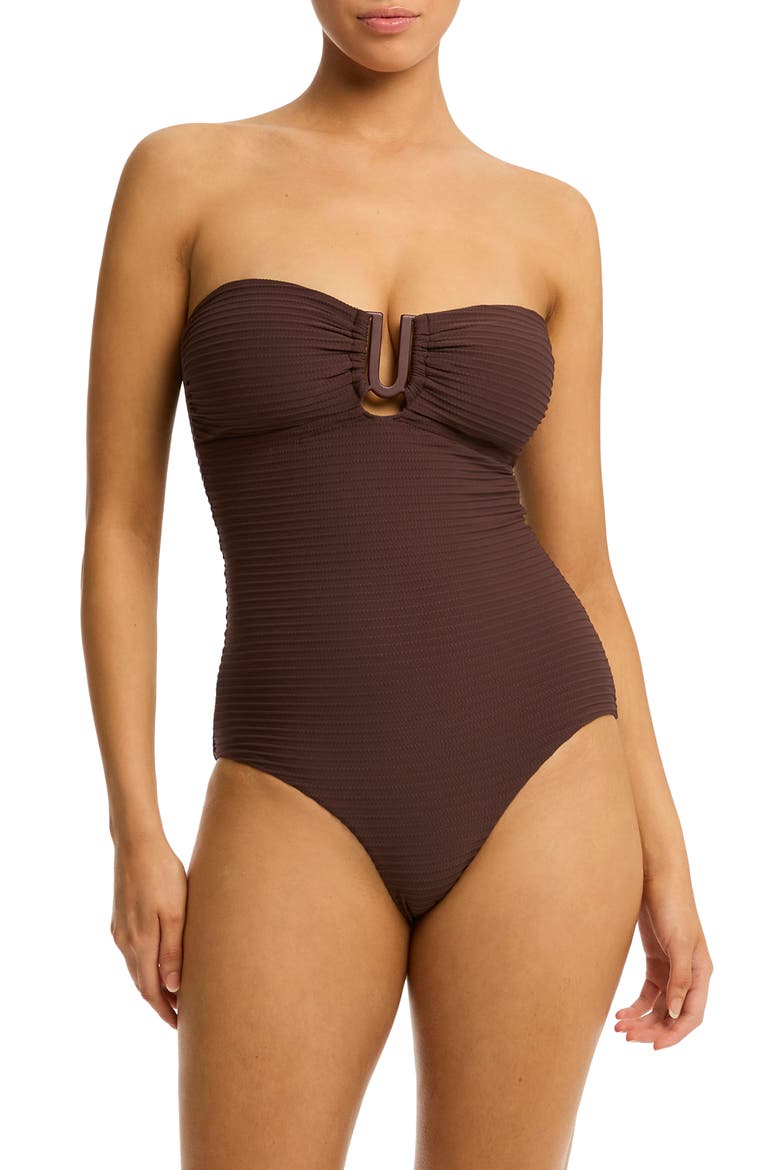 U-Bar Bandeau One-Piece Swimsuit, Alternate, color, COCOA