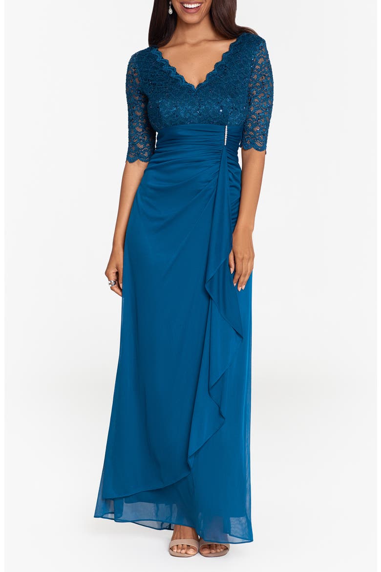 Mixed Media Rhinestone Accent Gown, Main, color, PEACOCK