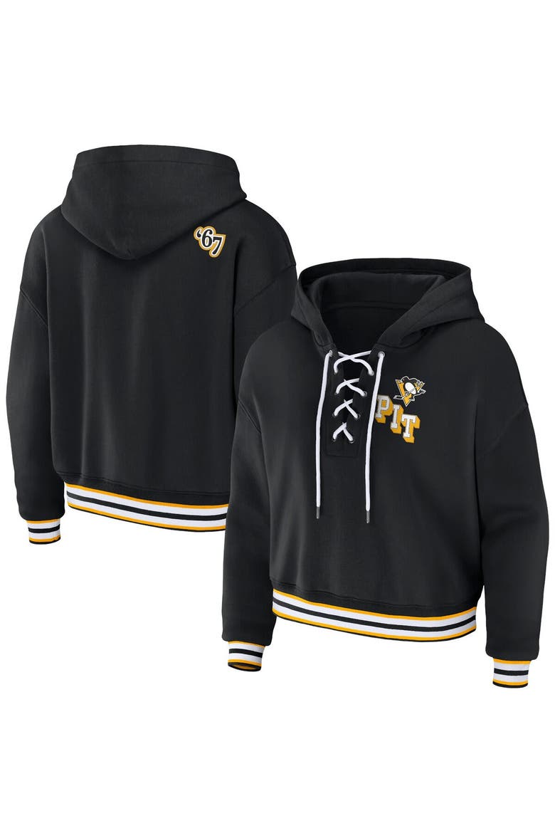 Women's WEAR by Erin Andrews Black Pittsburgh Penguins Lace-Up Pullover Hoodie, Main, color, Black