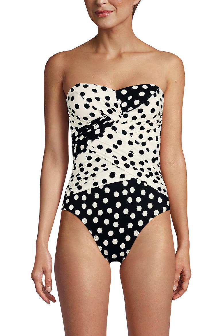 Slender Suit Shine Bandeau Tummy Control Chlorine Resistant High Leg One Piece Swimsuit, Main, color, Black/Egret Mixed Tossed Dots