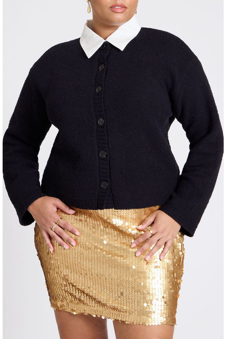 Mixed Media Layered Bouclé Cardigan, Main, color, BLACK