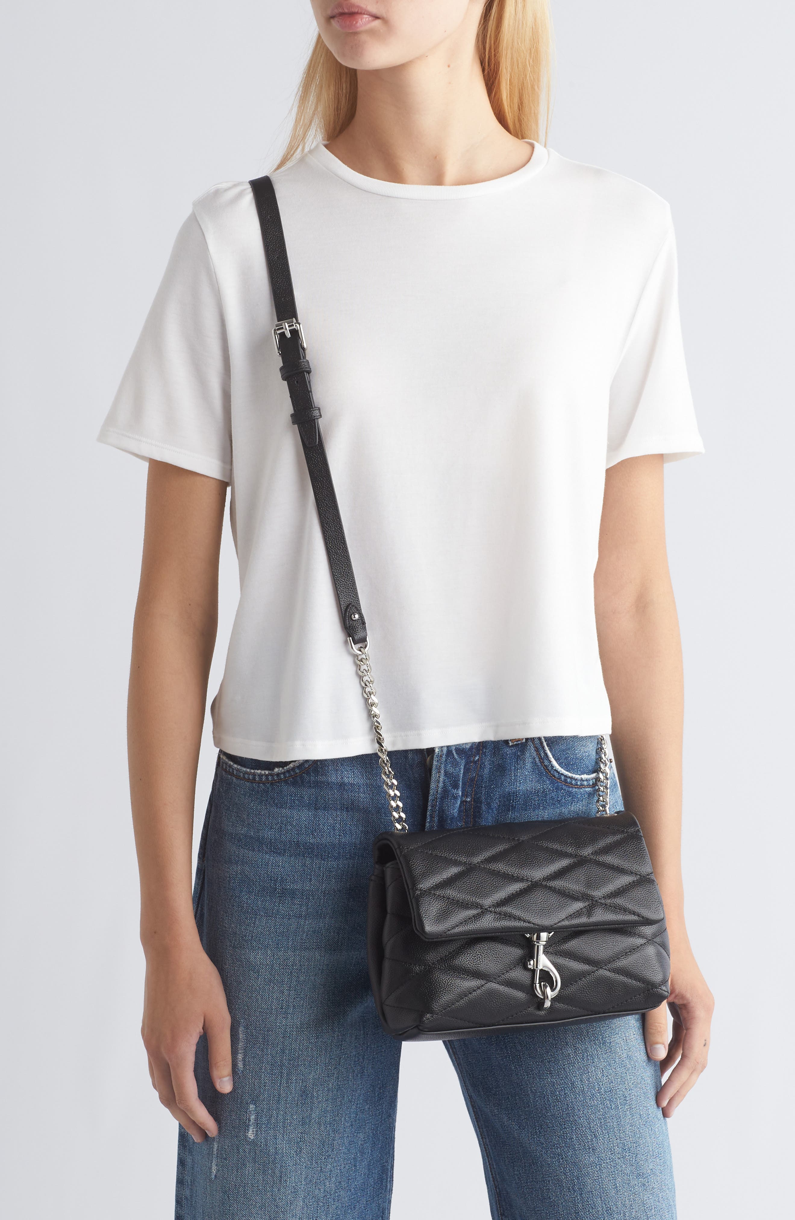 Rebecca Minkoff Edie Diamond Quilt Leather Crossbody Bag, Alternate, color, Black