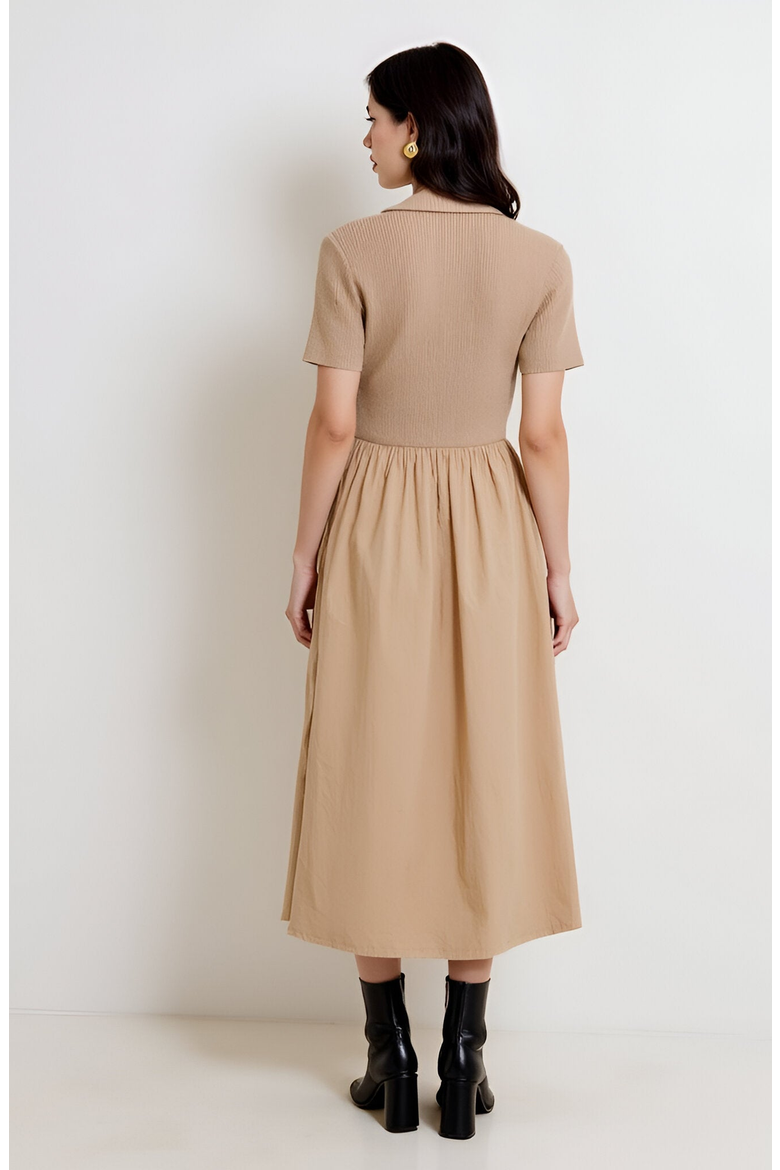 Polo Collar Short-Sleeve Gathered A-Line Midi Sweater Dress, Alternate, color, Beige