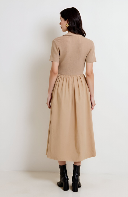 Modenaire Polo Collar Short-sleeve Gathered A-line Midi Sweater Dress In Brown