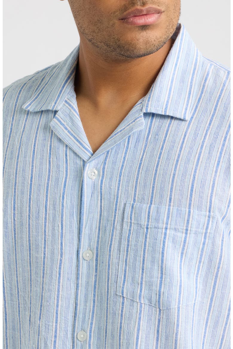 Stripe Cotton & Linen Camp Shirt, Alternate, color, BLU