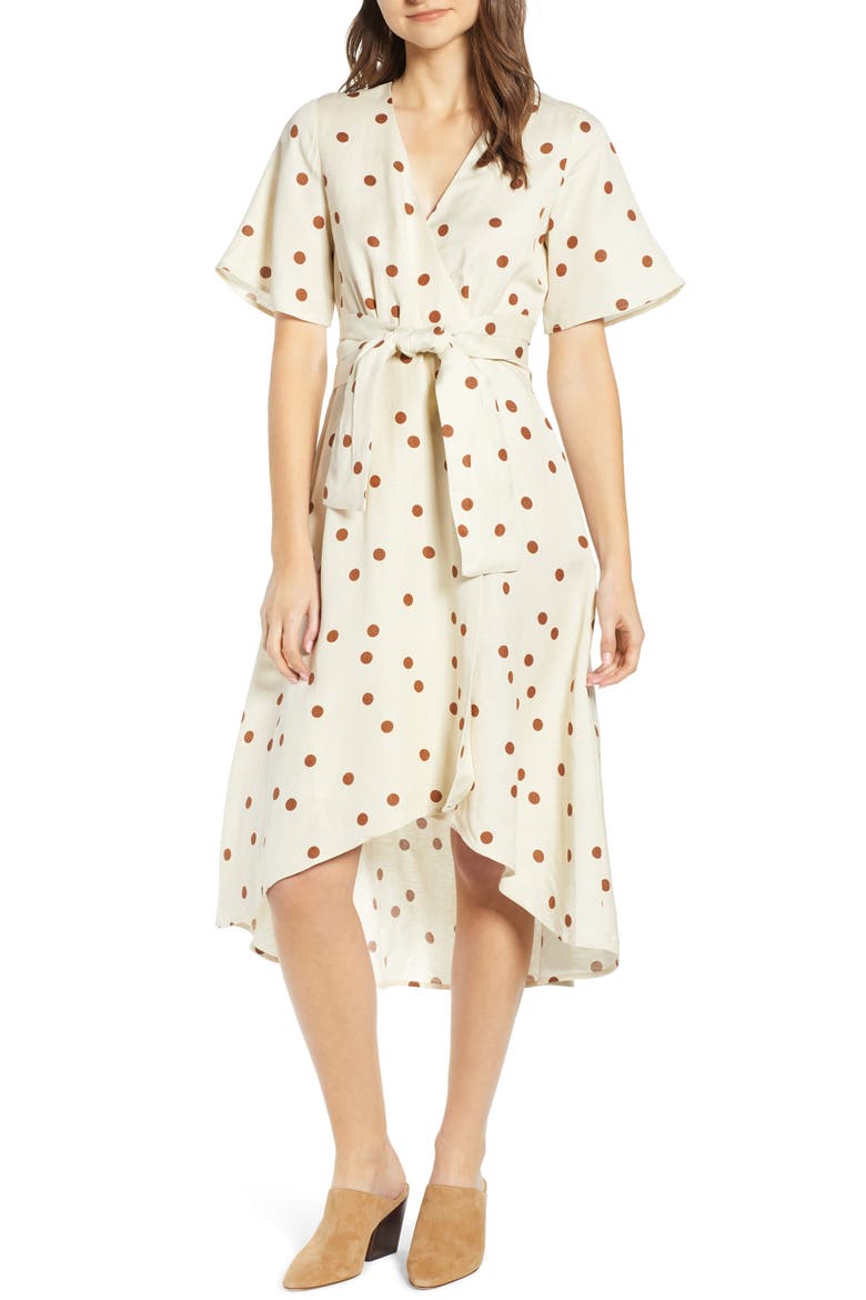 Polka Dot Linen Blend Midi Wrap Dress, Main, color, CREAM/ TAN