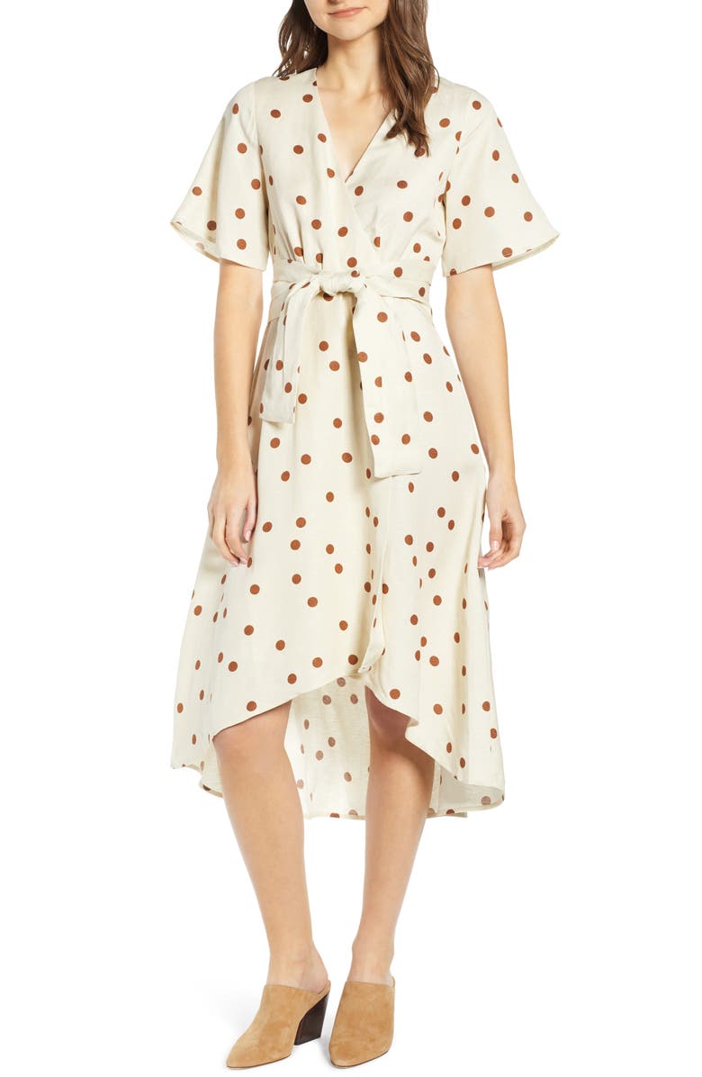 MOON RIVER Polka Dot Linen Blend Midi Wrap Dress, Main, color,