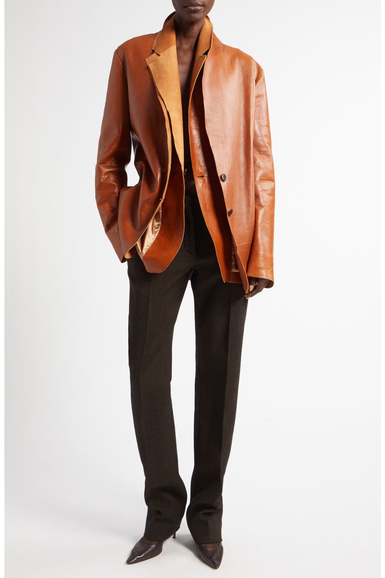 Lysandre Contrast Layers Raw Edge Leather Jacket, Alternate, color, CARAMEL