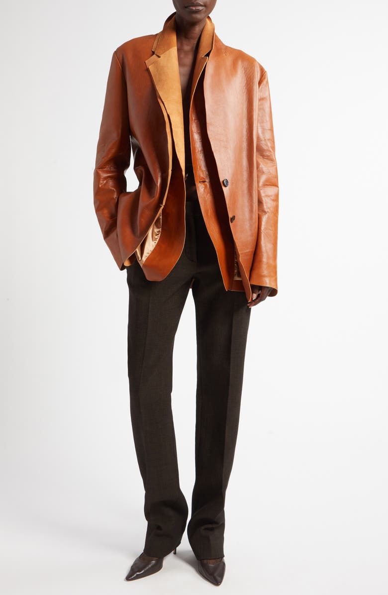 The Row Lysandre Contrast Layers Raw Edge Leather Jacket, Alternate, color, 