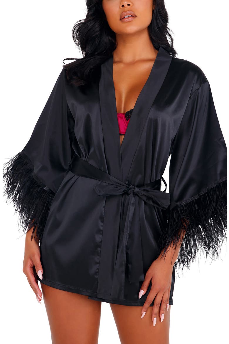 Ostrich Feather Satin Robe, Main, color, BLACK