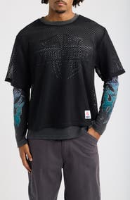 MEMORY LANE Mesh Overlay Long Sleeve Graphic T-Shirt