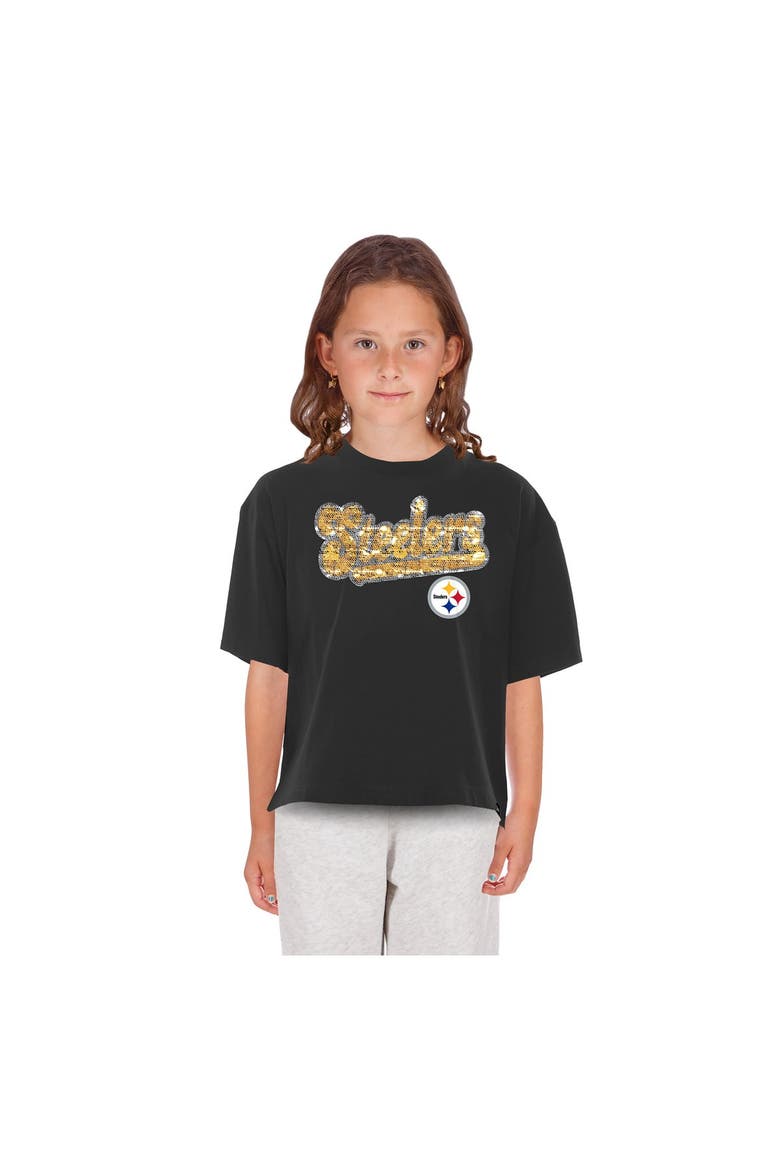 Girls Youth New Era  Black Pittsburgh Steelers Flip Sequin Boxy T-Shirt, Main, color, Black