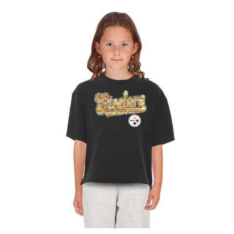 Girls Youth New Era  Black Pittsburgh Steelers Flip Sequin Boxy T-Shirt