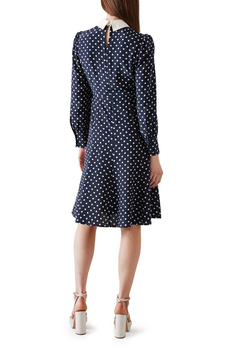 LK Bennett Mathilde Polka Dot Long Sleeve Silk Fit & Flare Dress, Alternate, color, Spring Navy/ Antique