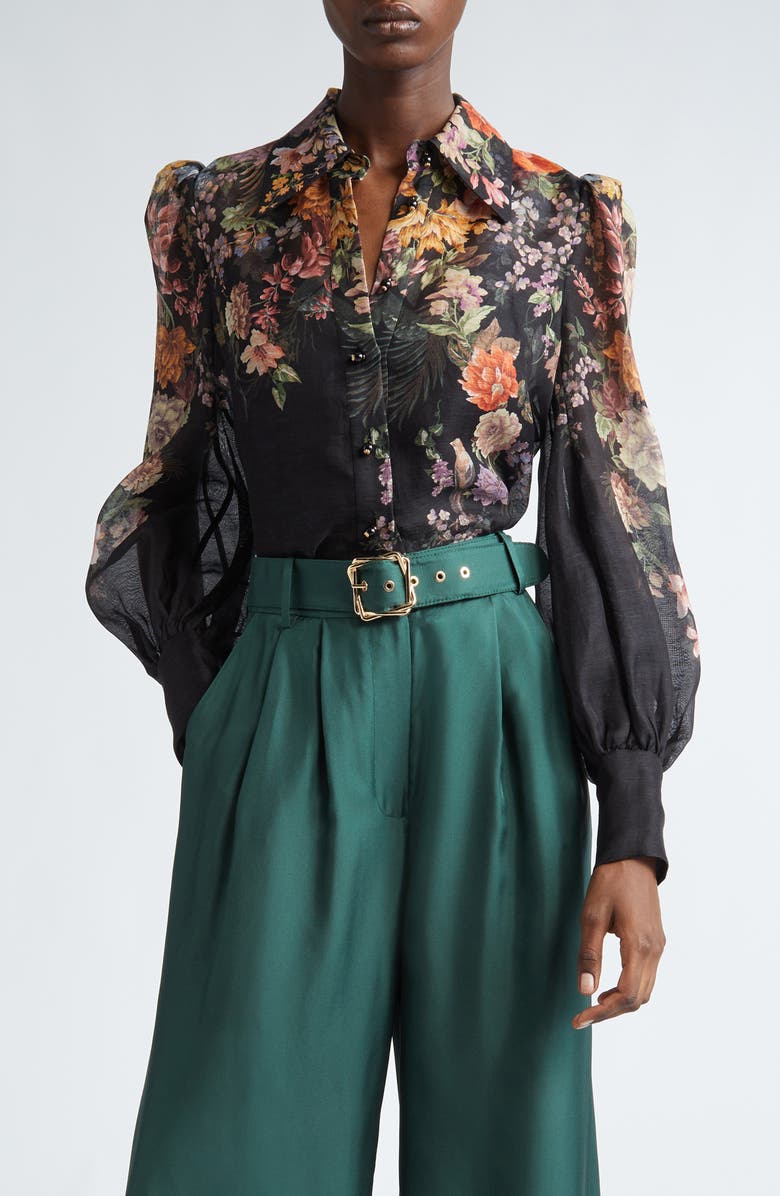 Zimmermann Pavilion Floral Linen & Silk Button-Up Shirt, Main, color,