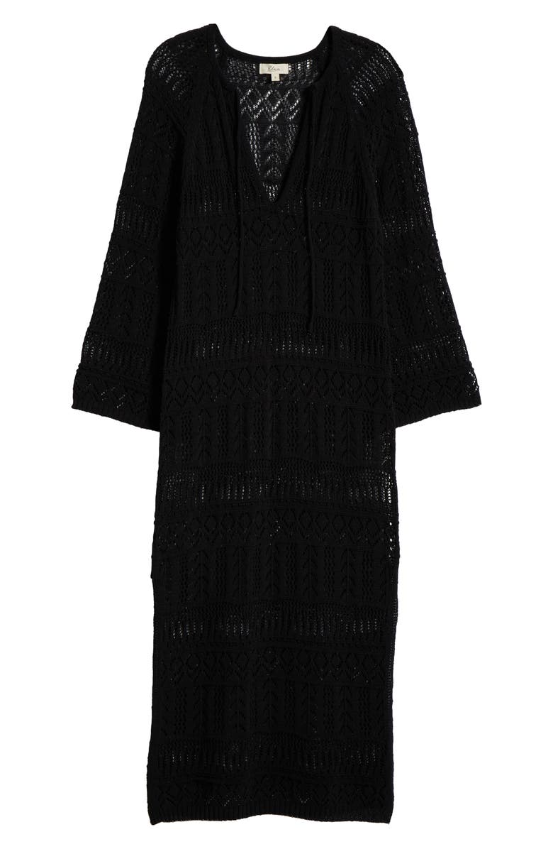 Elan Lace Knit Long Sleeve Cover-Up Midi Dress, Alternate, color, Black
