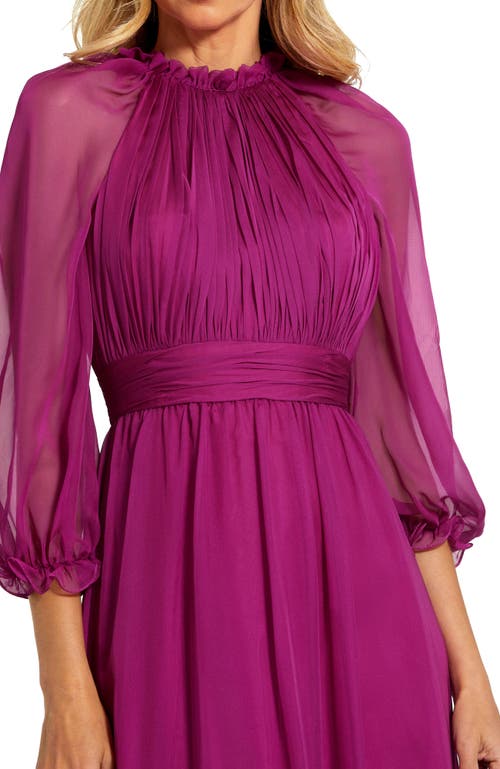 Mac Duggal Chiffon Ruffled High Neck Raglan Sleeves Evening Gown In Purple