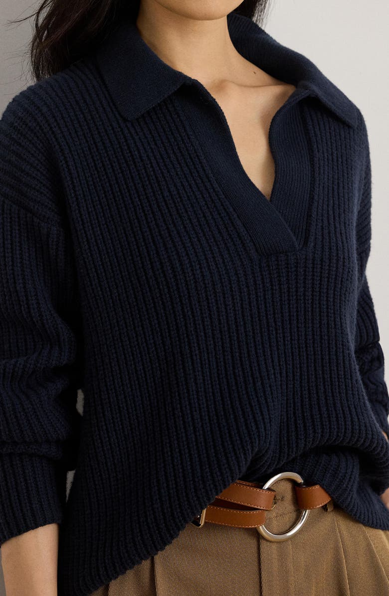 Lauren Ralph Lauren Rib Wool Blend Johnny Collar Sweater, Alternate, color, Lauren Navy