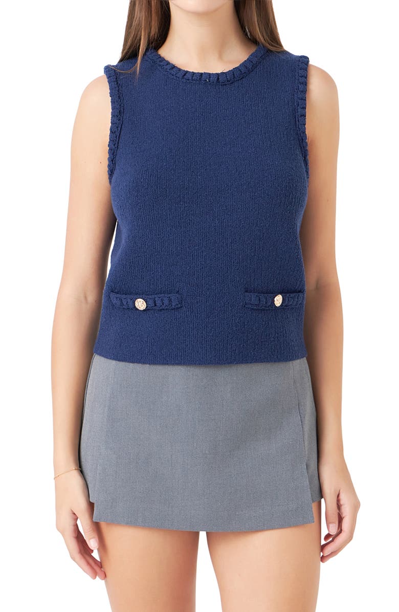 Endless Rose Braided Trim Sleeveless Sweater, Main, color,