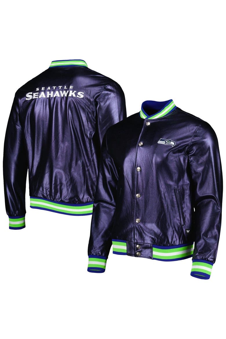 Men's The Wild Collective College Navy Seattle Seahawks Metallic Bomber Full-Snap Jacket, Main, color, Navy