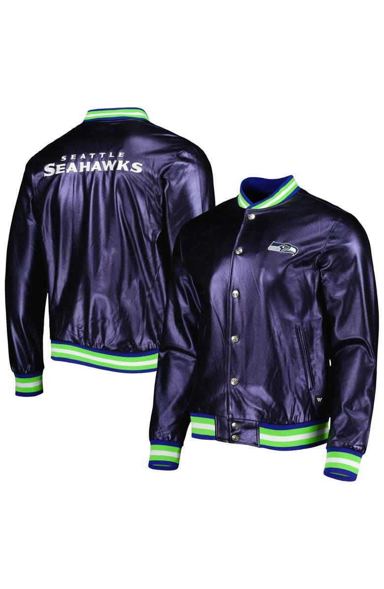 THE WILD COLLECTIVE Men's The Wild Collective College Navy Seattle Seahawks Metallic Bomber Full-Snap Jacket, Main, color, Navy
