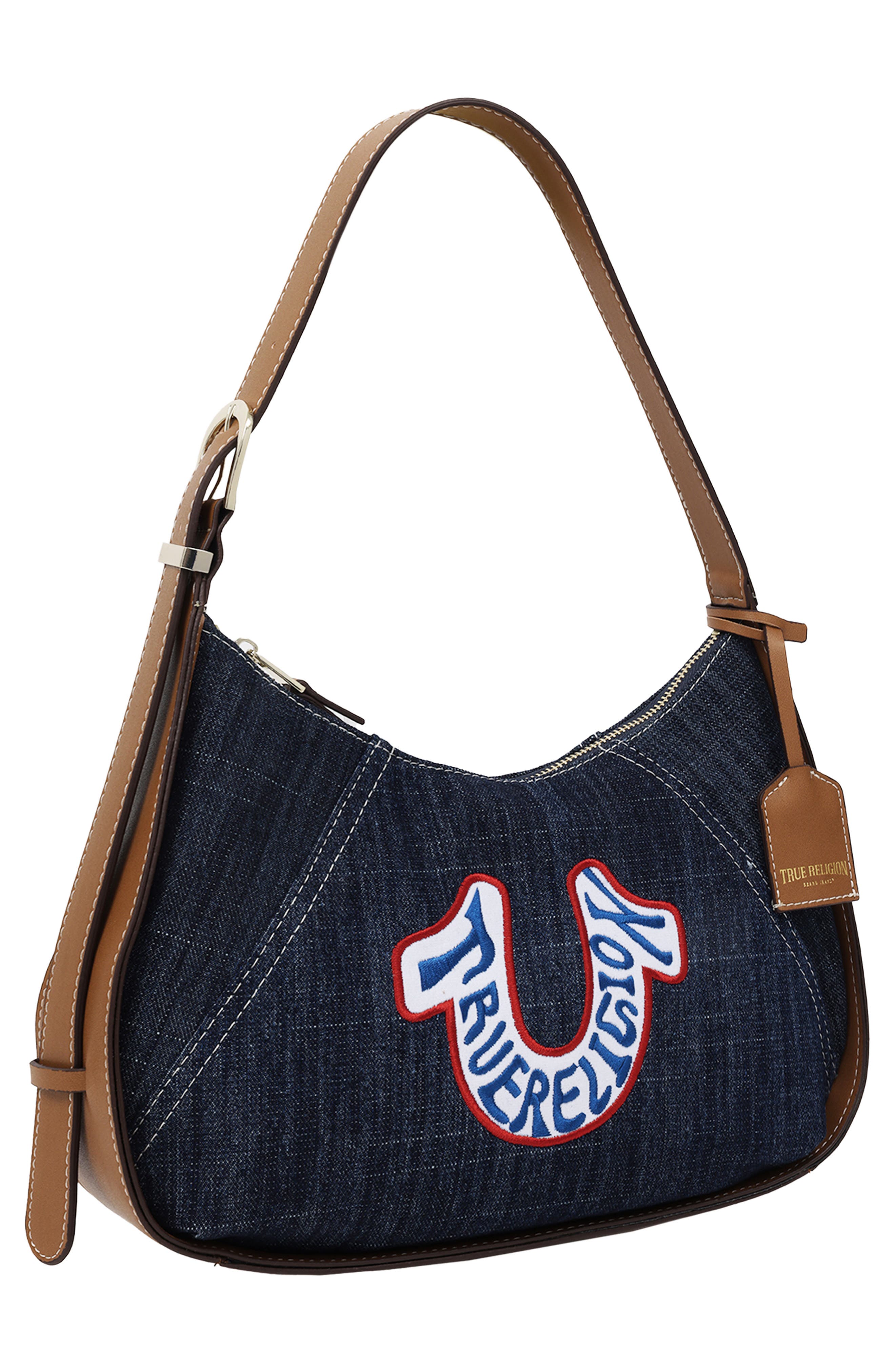 Retro Horseshoe Patch Denim Shoulder Bag, Alternate, color, DARK DENIM