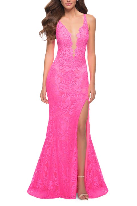 Stretch Lace Gown with Slit and Open Keyhole Back