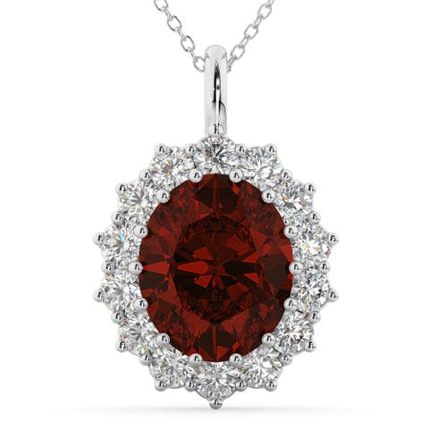 Oval Garnet & Diamond Halo Pendant Necklace 14k
