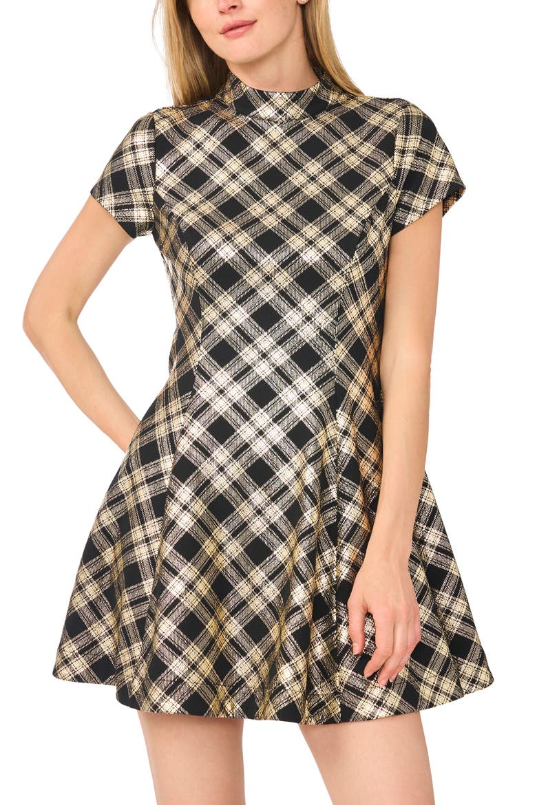 Plaid Short Sleeve Minidress, Alternate, color, RICH BLACK